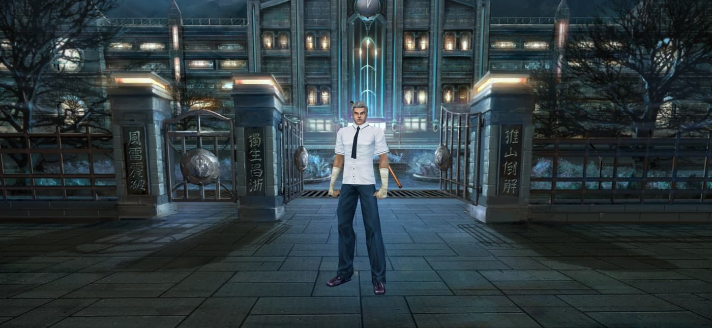 A student in uniform stands at the academy's lit gates at night, the school building rising behind.