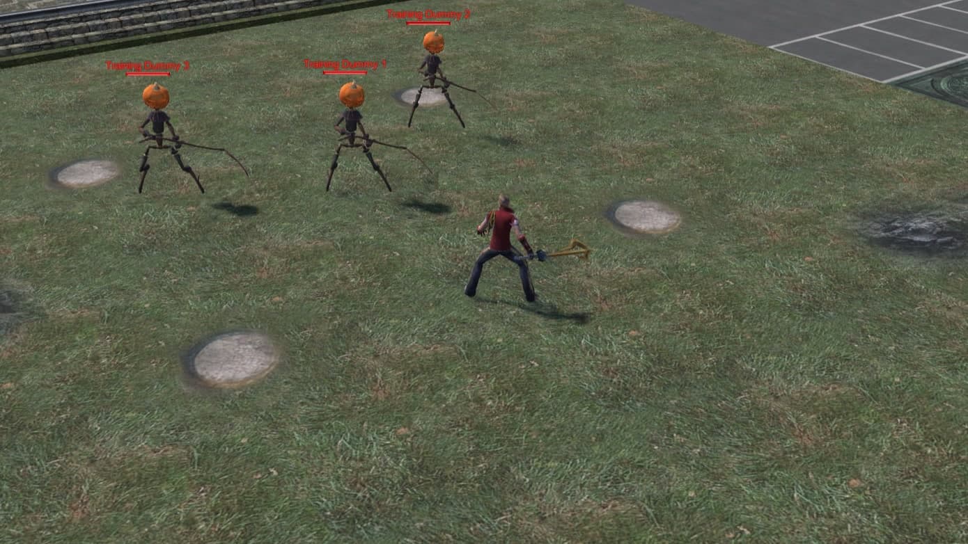 A player character squares up to three pumpkin-headed training dummies on the grass of the Training Yard.